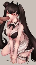 absurdres bikini black_bikini black_hair breasts cleavage eonsang fellatio female girls'_frontline hair_bun highres long_hair maid oral ouroboros_(girls'_frontline) penis sangvis_ferri side_bun swimsuit twintails uncensored very_long_hair