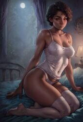 1girls ai_generated ass bed bed_sheet bedding bedroom breasts brown_eyes brown_hair camisole civitai cleavage clementine_(the_walking_dead) clothed clothing curvaceous curvy curvy_figure dark-skinned_female dark_skin feet female female_focus female_only lamp looking_away medium_breasts medium_hair moon moonlight panties solo_female stockings tank_top the_walking_dead the_walking_dead_game thick_ass thick_legs thick_thighs thighhighs thighs white_legwear white_panties white_shirt white_stockings