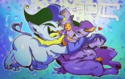 animate_inanimate anthro balls clothing cuddling deep_navel deltarune demon duo felid feline fool's_hat genitals hat headgear headwear heart_symbol hi_res jester jevil_(deltarune) living_plushie male male/male mammal moobs navel nonbinary_(lore) nude overweight overweight_anthro overweight_male paws penis plushie salamikii seam_(deltarune) small_penis stitch_(sewing) undertale_(series)