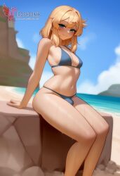 1futa 2d ai_generated ass bangs barefeet big_ass bikini blonde_hair breasts bridget bulge erection erection_under_clothes erophoenix feet full_body futa_focus futanari green_eyes intersex looking_at_viewer looking_back navel nude pale_skinned_futa patreon_username penis sitting smile soles solo solo_futa sweat swimsuit thick thick_thighs toes trans_woman uncensored