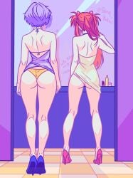 2girls anime ass asuka_langley_sohryu back_view background bathroom big_ass blue_hair english_text heels long_hair mirror neon_genesis_evangelion orange_hair panties rei_ayanami revealing_clothes shen_hokori text thick_ass thick_thighs underwear watermark