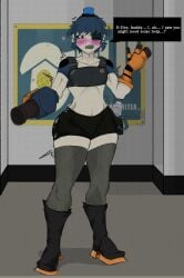 1boy 1femboy ass big_ass big_butt blue_hair blush blushing_at_viewer comic dell_spencer dialogue el_godoned78_xd femboy heel_boots heels male solo team_fortress_2 thighs white_body