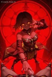 1boy ai_dota_ai ai_generated bare_shoulders bracelet breasts chains cleavage cum cum_on_body cum_on_breasts detached_sleeves dota_2 earrings facial female femdom from_above glowing glowing_eyes handjob hoop_earrings jewelry large_breasts lina looking_at_viewer male medium_breasts orange_eyes penis pov red_dress red_theme short_hair smile solo_focus standing straight uncensored yellow_eyes