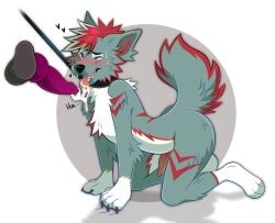 all_fours anthro arm_tuft balls blue_body blue_eyes blue_fur blue_hair blue_tail bodily_fluids brown_balls canid canine cheek_tuft chest_tuft cum cum_on_tongue cum_string disembodied_penis duo elbow_tuft erection facial_tuft fur genital_fluids genitals glistening glistening_eyes hair knot leg_tuft male male/male male_anthro mammal multicolored_hair narrowed_eyes nude open_mouth penis princelykaden purple_penis red_hair red_penis red_tail side_view simple_background solo_focus tail tongue tuft two_tone_hair white_background