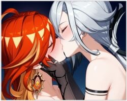 2females 2girls 2women ai_generated arlecchino_(genshin_impact) genshin_impact girl_on_girl lesbian_couple lesbian_domination lesbian_focus lesbian_kiss lesbian_sex mavuika_(genshin_impact) yuri yuri yuri
