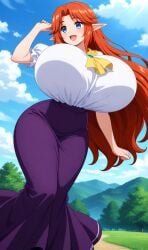 ai_generated blue_eyes breasts breasts_bigger_than_head cremia elf_ears female gigantic_breasts huge_breasts majora's_mask smile the_legend_of_zelda wide_hips