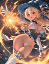 1girls ai_generated blonde_hair cameltoe covered_nipples covered_pussy erect_nipples fire fireball high_heels hololive large_breasts large_hat long_hair pussy_peek red_eyes revealing_clothes shiranui_flare staff thighs virtual_youtuber white_thighhighs wide_hips witch_hat