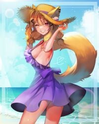 animal_ear_fluff animal_ears beach breasts brown_headwear day dress ears_through_headwear eyebrows_visible_through_hair female grin hat lens_flare looking_at_viewer ocean one_eye_closed outdoors red_eyes sleeveless sleeveless_dress smile solo squchan_(vtuber) straw_hat sun_hat sundress tail vyugen