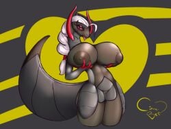 4:3 anthro big_breasts big_tail black_sclera breast_grab breasts cinnabat eye_scar facial_scar female generation_5_pokemon genitals hair hand_on_breast haxorus hi_res horn huge_breasts looking_at_viewer nintendo nipples pokemon pokemon_(species) pokemorph presenting presenting_breasts pupils red_eyes red_pupils red_tongue scar shiny_pokemon smile solo tail tapering_tongue tongue tongue_out vulva white_hair