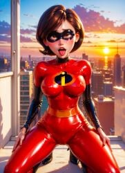 ai_generated breasts cameltoe erect_nipples_under_clothes helen_parr kneeling latex_bodysuit looking_at_viewer mask ready_to_fuck the_incredibles thighs tongue_out
