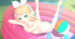 1girl 3d ass barefoot completely_naked completely_nude day feet flat_chest hortonryu kagamine_rin koikatsu looking_at_viewer lying naked nude on_stomach outdoors pool smile solo toes vocaloid water