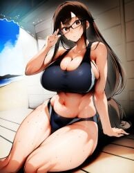 adjusting_glasses ai_generated beach brown_eyes brown_hair cleavage cleavage_overflow female female glasses large_breasts looking_at_viewer low-tied_long_hair midriff navel sitting skindentation solo sports_bikini sports_bra sportswear strong_thighs sweat sweaty sweaty_body thick_thighs toned very_long_hair zorkpics