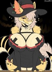 anthro black_tape breasts claweddrip dragon dragon_girl female furry furry_female furry_only nipple_tape partially_undressed tape taped_nipples witch_costume witch_hat
