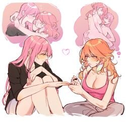 2girls absurdres alternate_costume amlichan applying_manicure blush breasts couple daydream earrings facing_another feather_earrings feathers female gradient_hair head_on_another's_shoulder highres hololive hololive_english hololive_myth hug imagining implied_futa jewelry large_breasts long_hair mori_calliope multicolored_hair multiple_girls mutual_hug nail_polish orange_hair painting_fingernails pink_hair purple_eyes red_eyes shirt smile takamori_(hololive) takanashi_kiara virtual_youtuber yuri