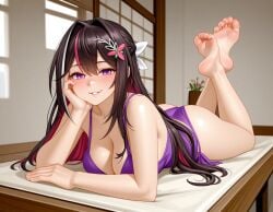 1girls ai_generated ass azki_(hololive) barefoot blush brown_hair feet_up hololive large_breasts long_hair on_stomach purple_bra purple_eyes purple_panties smile thighs virtual_youtuber