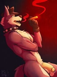 2025 anthro ass balls biceps black_nose canid canine canis cheek_tuft chest_tuft cigar clothing collar countershading dated deltoids digital_media_(artwork) facial_tuft fur genitals gloves grey_body grey_fur handwear hat headgear headwear hi_res holding_cigar holding_object inner_ear_fluff leather leather_clothing leather_gloves leather_handwear leather_hat leather_headgear leather_headwear looking_at_viewer male male_only mammal mostly_nude_male muscular muscular_male navel nintendo open_mouth pecs penis pubes shaded smoking spiked_collar spikes star_fox tail teeth tuft ventkazemaru whisker_spots whiskers white_body white_fur white_inner_ear_fluff wolf wolf_o'donnell yellow_eyes