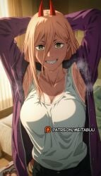 alternate_breast_size armpits arms_behind_head arms_up blonde_hair blush breasts chainsaw_man cleavage collarbone cross-shaped_pupils demon_horns female grin hair_between_eyes hood horns indoors jacket large_breasts long_hair looking_at_viewer meitabuu open_clothes open_jacket power_(chainsaw_man) presenting_armpit purple_jacket red_horns sharp_teeth shirt smellpower_(chainsaw_man) smile solo steam steaming_body sweat symbol-shaped_pupils tank_top teeth white_tank_top yellow_eyes