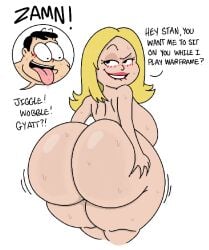 american_dad ass badonkadonks big_ass big_ass_(female) blonde_hair bottom_heavy bubble_ass bubble_butt dumptruck_ass english_text female flirting francine_smith grabbing_ass huge_ass huge_butt milf nude nude_female open_mouth phat_ass simple_background stan_smith theslashfive thick_ass thick_thighs tongue tongue_out white_background wife_and_husband zamn!