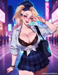 ai_generated akali bag balecxi black_bra black_hair blonde_hair blue_eyes blush bracelet cleavage female jewelry large_breasts league_of_legends long_hair looking_at_viewer multicolored_hair patreon_username plaid plaid_skirt ponytail school_uniform shirt underwear v