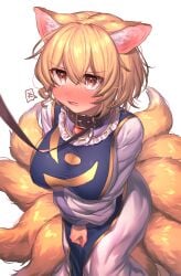 1girl 1girls absurdres anger_vein animal_ear_fluff animal_ears big_breasts black_collar blonde_hair blush breasts brown_eyes collar cowboy_shot cute_fang dress embarrassed fang female female_focus female_only femsub fox_ears fox_girl fox_tail frilled_shirt_collar frills hair_between_eyes hat highres kemonomimi kitsune leash leash_and_collar long_sleeves masanaga_(tsukasa) multi_tail multiple_tails no_headwear nose_blush open_mouth ran_yakumo rope short_hair simple_background solo solo_focus speech_bubble spoken_anger_vein standing tabard tail tears touhou viewer_holding_leash white_background white_dress wide_sleeves yakumo_ran yellow_eyes