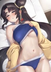 bed bedroom_eyes bikini black_hair blush female_focus female_only midriff parted_bangs pulling_clothing side_ponytail ushiwakamaru_(fate/grand_order)