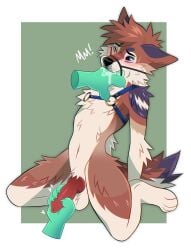 anthro arm_tuft balls black_nose blue_eyes blue_harness bodily_fluids brown_body brown_fur brown_hair canid canine chest_tuft duo elbow_tuft erection fangs finger_in_mouth fur genitals glistening glistening_eyes green_background hair handjob harness hi_res kneeling leg_tuft male male_anthro mammal mouth_play narrowed_eyes nude one_eye_closed penile penis princelykaden red_penis sex short_hair shoulder_tuft simple_background solo_focus sweat sweatdrop teeth tuft white_balls white_body white_fur