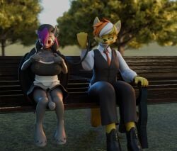 3d_(artwork) animal_genitalia animal_penis anthro bat_pony bench blender_cycles bondage canid canine canis clothing collar digital_media_(artwork) duo equid equine equine_genitalia equine_penis genitals gynomorph haolde haolde_(character) hasbro hi_res horse intersex lucid_rose mammal my_little_pony park park_bench penis petplay roleplay suit wolf