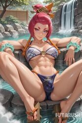 abs ai_generated bikini bikini_top bulge eyes feet futanari futarush geta geta_sandals hair hair_ornament jewelry lips navel onsen patreon patreon_username pink_hair purple_eyes riot_games sandals short_hair slightly_muscular spirit_blossom_series spirit_blossom_springs_yunara spread_legs spreading stomach sultryspark yunara yunara_(league_of_legends)