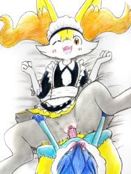 3:4 absurd_res braixen clothing duo eiroru female feral frogadier from_front_position generation_6_pokemon hi_res lying maid_uniform male male/female missionary_position nintendo on_back pokemon pokemon_(species) sex uniform