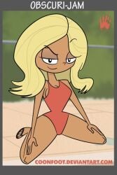 1girls 2014 accurate_art_style ass blonde_hair breasts coonfoot female_only kick_buttowski looking_at_viewer one_piece_swimsuit shannon_(kick_buttowski) sitting smile solo tanned tanned_female tanned_skin wide_hips