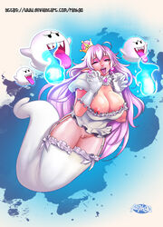 1girls 3others ambiguous_gender boo_(mario) boosette bottomless breasts claw_pose clothing crown dress earrings eyeshadow female female_focus floating frills full_body garter_straps highres large_breasts long_hair looking_at_viewer luigi's_mansion makeup mario_(series) new_super_mario_bros._u_deluxe nintendo nipple_slip nipples pointy_ears pubic_hair pussy rankgo red_eyes sharp_teeth super_crown tongue tongue_out very_long_hair white_hair wink