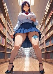 ai_generated dark_hair glasses grabbing_own_breast groping_breast heels large_breasts library long_hair panties school school_uniform schoolgirl schoolgirl_uniform seductive seductive_look skirt student tagme tattoo thick_thighs upskirt