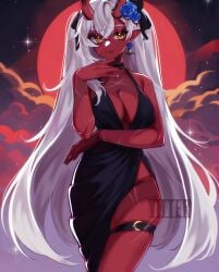 akumi bare_shoulders black_nails breasts choker cleavage dark_skin dress earrings elbow_gloves female fingernails flower full_moon gloves hair_flower hair_ornament hand_to_own_mouth horns jewelry long_hair looking_at_viewer moon nail_polish oni_horns pointy_ears red_moon red_nails red_skin side_slit sky smile solo thigh_strap very_long_hair vyugen white_hair yellow_eyes