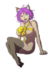 animal_ears earrings female gift_wrapped huge_breasts humanoid jdeberge purple_eyes purple_hair purple_lipstick ribbon short_hair stockings topless voluptuous