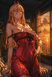 ai_assisted anime backlighting bedroom breasts chainsaw_man cleavage fangs female hair horns lewd lingerie nightgown nipples nsfw partially_clothed power_(chainsaw_man) see-through smile smug solo suggestive_pose sunrise sunset transparent under_boob window