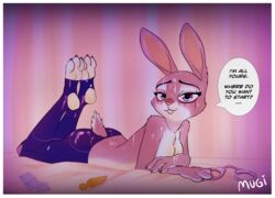 anthro ass bedroom_eyes bite biting_lip bodily_fluids breasts buttplug clothed clothing cum cum_on_back cum_on_breasts cum_on_butt cum_on_face cum_on_feet dialogue disney english_text feet female genital_fluids half-closed_eyes handcuffs hindpaw judy_hopps lagomorph leporid looking_at_viewer lying mammal medium_breasts mugibunbun on_front paws rabbit running_mascara seductive self_bite sex_toy shackles solo speech_bubble stirrup_legwear text topless wrapped_condom zootopia