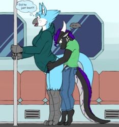 anal anthro avian beak bird clothed clothing dragon furry futanari gryphon gynomorph hi_res horn intersex invalid_tag kiralye male male_on_futa public sarek_aran_desian sex stuck subway train vehicle