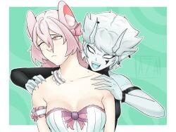 2female 2females 2girl 2girls aza19 big_breasts bite bite_mark bunny_ears bunny_girl choker fanart fanart_from_twitter horn horns nikka oc original_character pale-skinned_female pale_skin small_breasts vampire vampire_girl