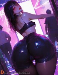 2boys ai_generated ass ass_focus bare_shoulders big_ass black_hair black_shorts blush breasts cameltoe choker covered_nipples female from_behind lips lipstick long_hair looking_at_viewer looking_back makeup multiple_boys nightclub pantyhose red_eyes red_lips shiny_clothes short_shorts shorts smile solo_focus thick_ass thick_thighs thigh_gap underboob
