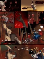 3:4 ambiguous_gender anthro beryl_antrelys body_horror bone bone_spikes bovid bovine canid canine canis caprine cattle collar comic dagger domestic_rabbit dust_cloud female fight flesh_wall gold_(metal) gore group harlequin_rabbit hi_res lagomorph leporid magic magic_circle magic_user male mammal melee_weapon multicolored_body nafisa_vharr_antrelys oryctolagus qadir_vharr_antrelys rabbit raisa_vharr_gres ripping sound_effects speech_bubble taur two_tone_body tyunre weapon wolf