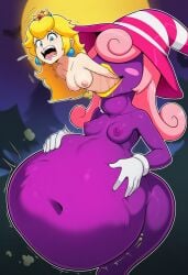 2girls ai_generated belly big_belly blonde_female blonde_hair blue_eyes blush breasts crown drool earrings eaten_alive fat female female_only ghost_tail gloves hair_covering_eyes legless mario_(series) navel nipples novelai nude paper_mario paper_mario:_the_thousand-year_door pink_hair princess princess_peach purple_body purple_nipples purple_skin saliva shadow shadow_siren striped_hat swallowing swallowing_whole throat_bulge vivian_(paper_mario) vore vore_belly witch_hat yellow_lipstick