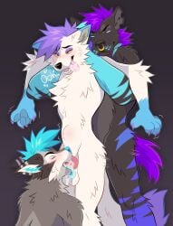 anal anal_sex anthro anthro_on_anthro anthro_penetrated anthro_penetrating anthro_penetrating_anthro arm_tuft black_body black_fur black_nose blue_eyes blue_hair blue_nose blush canid canine chest_tuft closed_eyes elbow_tuft facial_piercing fur gloves_(marking) grey_body grey_fur group hair hi_res male male/male male_anthro male_penetrated male_penetrating male_penetrating_male mammal markings narrowed_eyes nose_piercing nose_ring nude obscured_penetration open_mouth oral oral_penetration orange_eyes penetration penis_in_mouth piercing pink_tongue princelykaden purple_hair purple_tail ring_piercing septum_piercing septum_ring sex short_hair standing striped_arms striped_legs tail tongue tongue_out trio tuft white_body white_fur white_tail