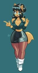 animal_humanoid black_hair black_skirt boob_window breasts cat_ears catgirl highres jamoart kitty_katswell nickelodeon no_humans non-human simple_background sunglasses t.u.f.f._puppy white_shoes