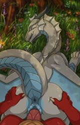 anus black_claws black_horn blue_anus blue_body blue_eyes blue_scales blue_tongue blue_vulva brown_body brown_scales claws darkforestt dirty.paws dragon duo erection female feral genitals grass hi_res horn knot looking_at_viewer male male/female mythological_creature mythological_scalie mythology penetration penis pink_knot pink_penis plant red_body red_scales scales scalie tongue vaginal_penetration vaginal_penetration