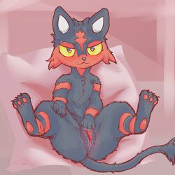 1:1 1girls 3_toes anus ass big_ass black_eyes black_fur black_nose claws eye_contact feet female feral flat_chest fur half-closed_eyes heart heart-shaped_pupils hi_res legs_up litten looking_at_viewer lotus55 lying markings nintendo no_nipples on_back on_pillow pawpads paws pillow pink_background pokémon_(species) pokemon pokemon_sm presenting presenting_pussy pussy red_fur red_markings red_pawpads red_stripes seductive sketch smile solo spread_legs spread_pussy spreading stripes tail tail_aside text thin_tail toes video_games watermark yellow_sclera