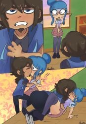 blue_eyes blue_hair brown_hair bully comic comic_page comic_panel deuz_(fnafhs) female fhs fhsz3r0 fnafhs fnafhs_z3ro fnafhsrule34 fnafhsxxx glasses homerbls kissing lily_(fnafhs) nerd nerdy_female purple_eyes school_uniform student