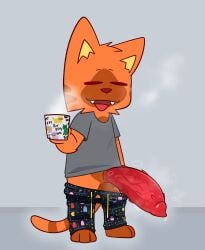 3_toes animal_genitalia animal_penis barefoot bodily_fluids closed_eyes clothing coffee_mug container crushpepper cup domestic_cat fangs feet felid feline feline_genitalia feline_penis felis fur genital_fluids genitals hi_res holding_container holding_cup holding_mug holding_object male mammal mug musk musk_clouds open_mouth orange_body orange_fur pac-man pac-man_(series) pajamas penile_spines penis pepper_(crushpepper) plantigrade precum red_eyes solo sweat sweaty_genitalia sweaty_penis tagme tail teeth tired tired_eyes toes