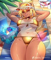 1girls beach beach_towel bedroom_eyes beverage big_breasts bikini bikini_bottom bikini_tan bikini_top blonde_hair blue_sky bracelet bracelets breasts brown_eyes choker cooler female gold_bikini hat hi_res jeff_the_land_shark jiansketch looking_at_viewer marvel marvel_comics marvel_rivals navel patreon patreon_username shark sky squirrel_girl_(marvel) squirrel_girl_(marvel_rivals) squirrel_girl_(sunshine_squirrel) squirrel_tail swimsuit tanned tanned_skin thick_thighs thighs two-piece_swimsuit variant_set