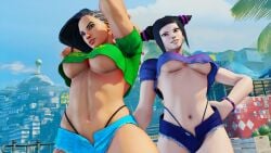 2girls 3d adnarimydeth bare_midriff black_hair busty capcom crop_top daisy_dukes female female_focus female_only g-string hourglass_figure juri_han laura_matsuda navel short_shorts street_fighter street_fighter_v tagme thong underboob wide_hips