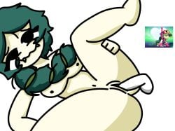 1boy 1girls alli_(brawl_stars) big_butt big_thighs brawl_stars breasts dick fangs fat_ass green_hair pussy sharp_teeth supercell white_dildo